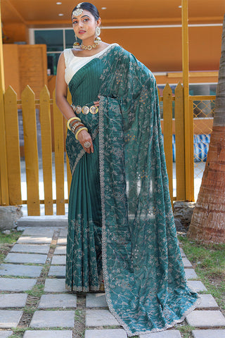 Beauteous Rama Embroidery Work Soft Silk Saree With Ideal Blouse Piece