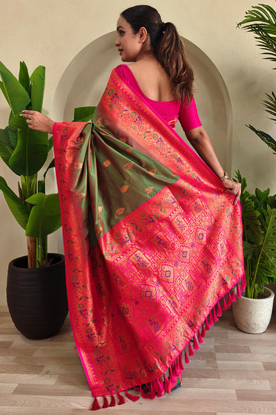 Bewitching Green Soft Banarasi Silk Saree With Embrocation Blouse Piece