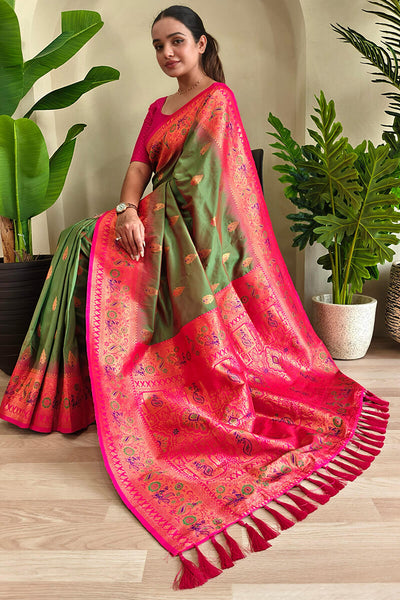 Bewitching Green Soft Banarasi Silk Saree With Embrocation Blouse Piece