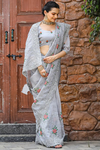 Magnificat Grey Embroidery Work Chiffon Silk Saree With Piquant Blouse Piece
