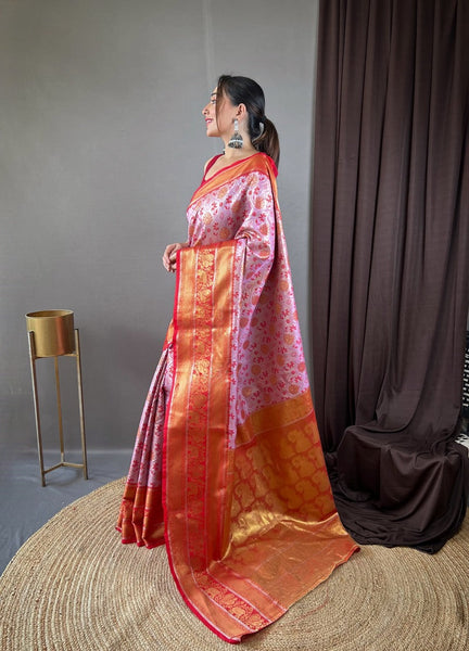 Stunning Baby Pink Kanjivaram Silk Saree With Pretty Blouse Piece
