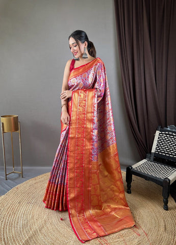Adoring Lavender Kanjivaram Silk Saree With Demure Blouse Piece