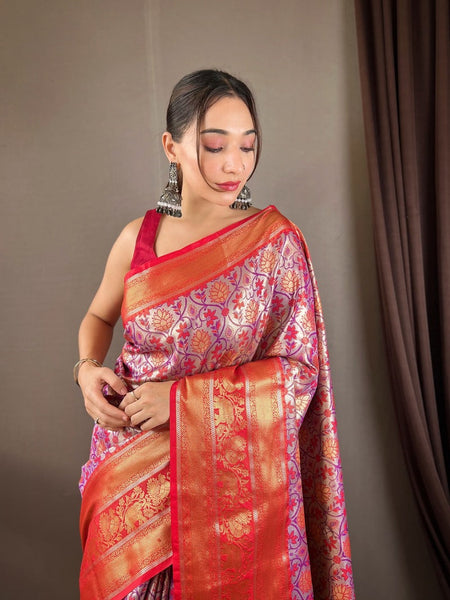 Adoring Lavender Kanjivaram Silk Saree With Demure Blouse Piece