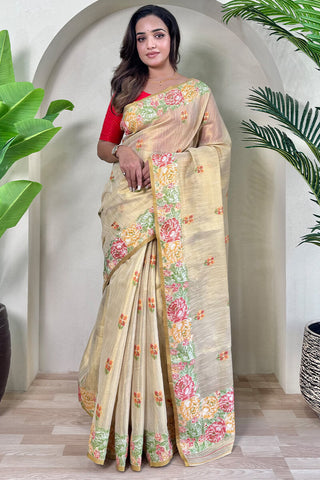 Innovative Beige Embroidery Work Tussar Silk Saree With Lovely Blouse Piece