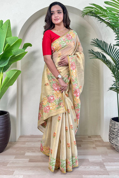 Innovative Beige Embroidery Work Tussar Silk Saree With Lovely Blouse Piece
