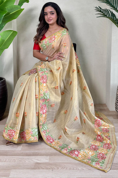Innovative Beige Embroidery Work Tussar Silk Saree With Lovely Blouse Piece