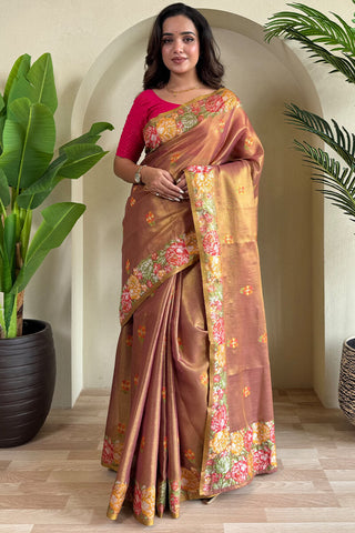 Sensational Brown Embroidery Work Tussar Silk Saree With Mesmerising Blouse Piece