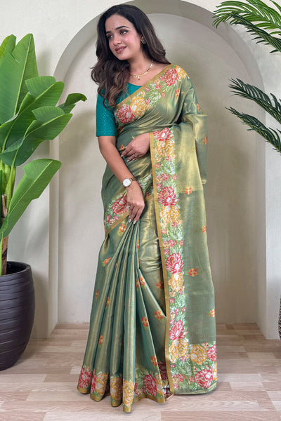 Staring Green Embroidery Work Tussar Silk Saree With Deserving Blouse Piece