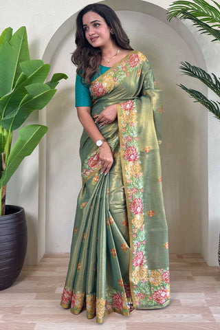 Staring Green Embroidery Work Tussar Silk Saree With Deserving Blouse Piece