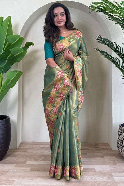 Staring Green Embroidery Work Tussar Silk Saree With Deserving Blouse Piece