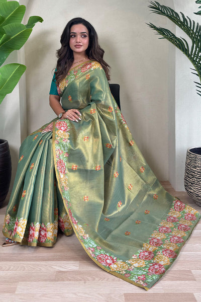 Staring Green Embroidery Work Tussar Silk Saree With Deserving Blouse Piece