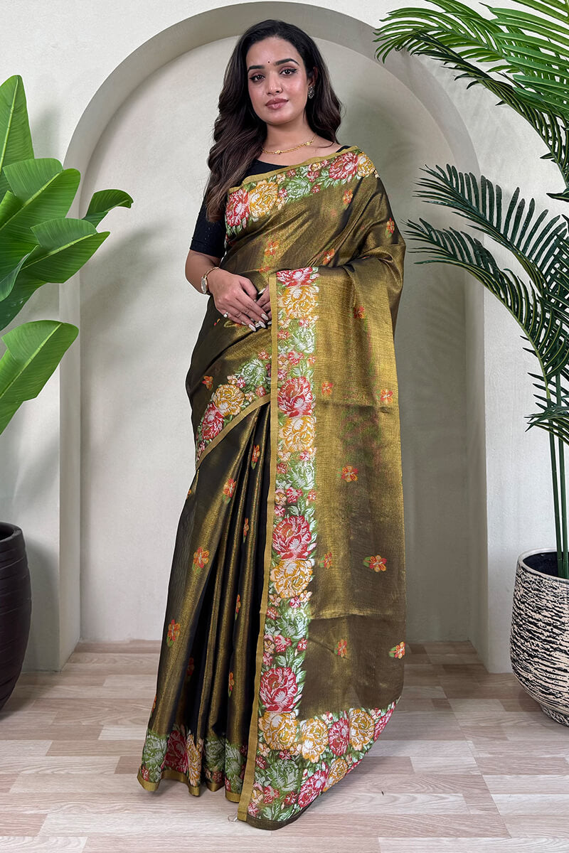 Demanding Mehndi Embroidery Work Tussar Silk Saree With Desiring Blouse Piece