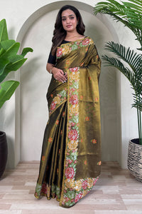 Demanding Mehndi Embroidery Work Tussar Silk Saree With Desiring Blouse Piece