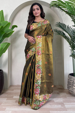 Demanding Mehndi Embroidery Work Tussar Silk Saree With Desiring Blouse Piece