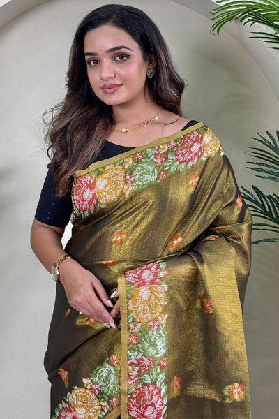 Demanding Mehndi Embroidery Work Tussar Silk Saree With Desiring Blouse Piece