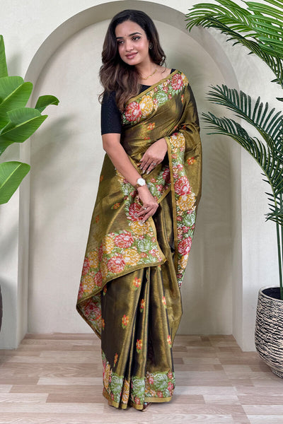 Demanding Mehndi Embroidery Work Tussar Silk Saree With Desiring Blouse Piece