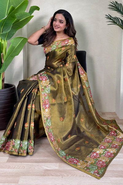 Demanding Mehndi Embroidery Work Tussar Silk Saree With Desiring Blouse Piece
