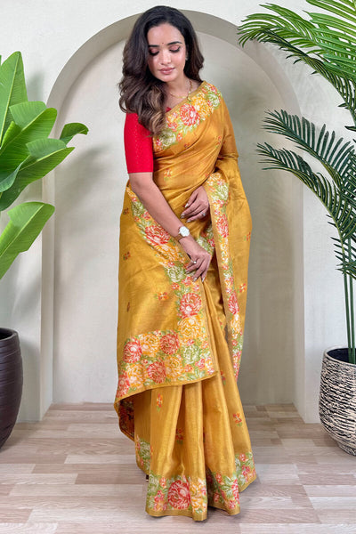 Engrossing Mustard Embroidery Work Tussar Silk Saree With Prominent Blouse Piece