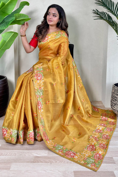 Engrossing Mustard Embroidery Work Tussar Silk Saree With Prominent Blouse Piece