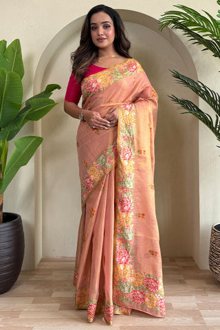 Delightful Pink Embroidery Work Tussar Silk Saree With Twirling Blouse Piece
