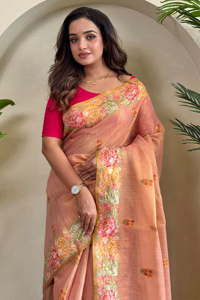 Delightful Pink Embroidery Work Tussar Silk Saree With Twirling Blouse Piece