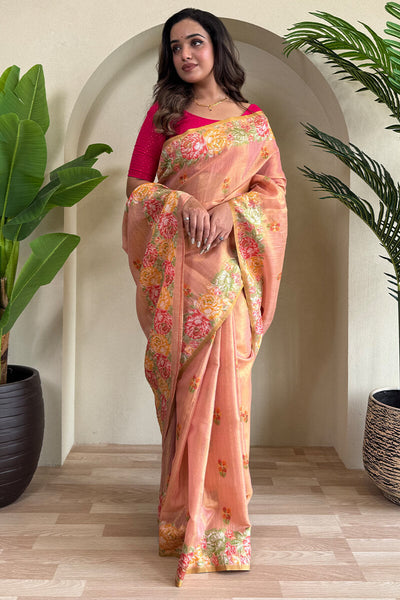 Delightful Pink Embroidery Work Tussar Silk Saree With Twirling Blouse Piece