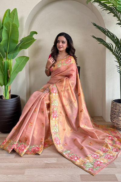 Delightful Pink Embroidery Work Tussar Silk Saree With Twirling Blouse Piece