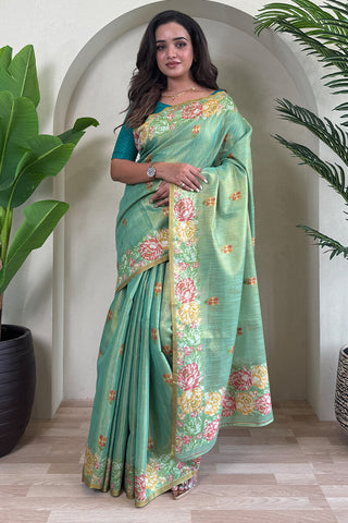 Adoring Pista Embroidery Work Tussar Silk Saree With Assemblage Blouse Piece