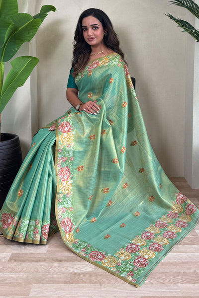 Adoring Pista Embroidery Work Tussar Silk Saree With Assemblage Blouse Piece
