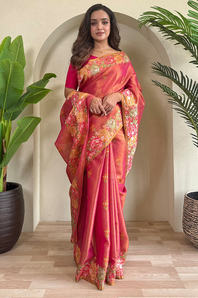 Dissemble Red Embroidery Work Tussar Silk Saree With Lissome Blouse Piece