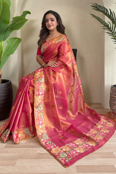Dissemble Red Embroidery Work Tussar Silk Saree With Lissome Blouse Piece