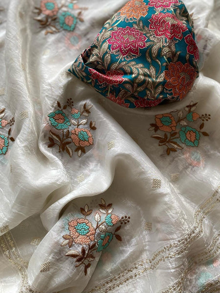 Desultory Off White Embroidery Work Organza Silk Saree With Wonderful Blouse Piece