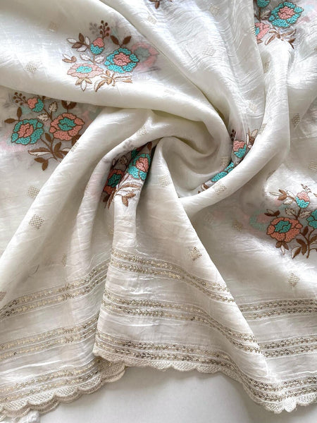 Desultory Off White Embroidery Work Organza Silk Saree With Wonderful Blouse Piece