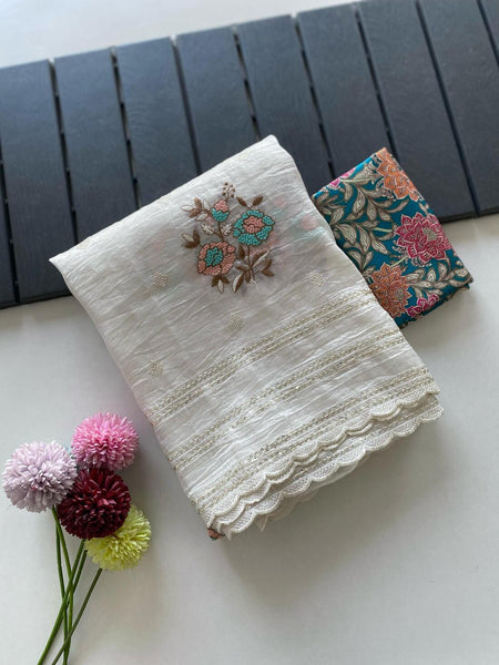 Desultory Off White Embroidery Work Organza Silk Saree With Wonderful Blouse Piece