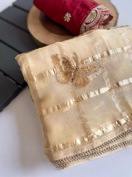 Outstanding Beige Pure Viscose Organza Silk Saree With Lovely Blouse Piece