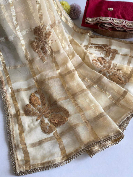 Outstanding Beige Pure Viscose Organza Silk Saree With Lovely Blouse Piece