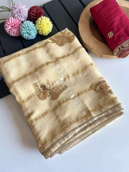 Outstanding Beige Pure Viscose Organza Silk Saree With Lovely Blouse Piece