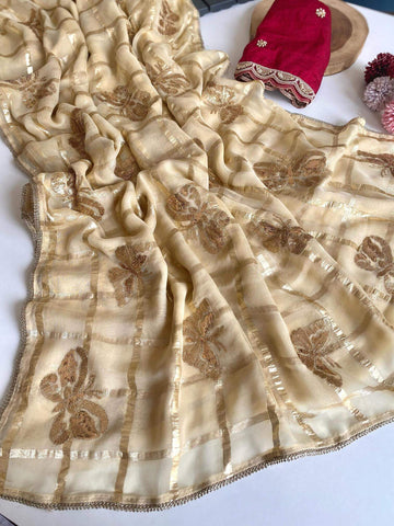 Outstanding Beige Pure Viscose Organza Silk Saree With Lovely Blouse Piece