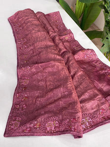 Symmetrical Pink Embroidery Work Crush Silk Saree With Imaginative Blouse Piece
