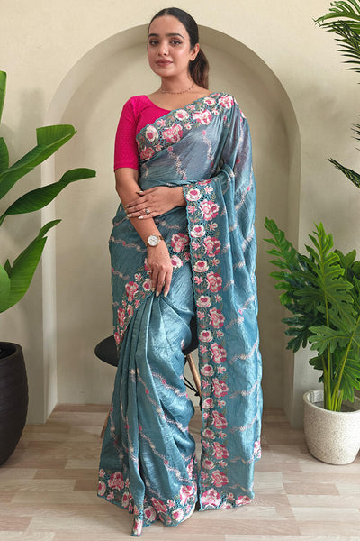 Dalliance Blue Embroidery Work Crush Silk Saree With Classic Blouse Piece