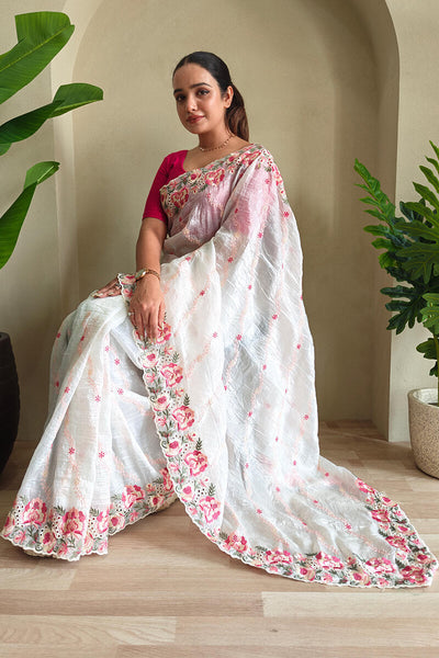 Charismatic Off White Embroidery Work Crush Silk Saree With Posh Blouse Piece