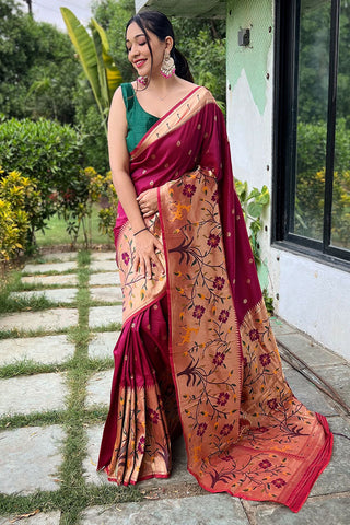 Blissful Wine Paithani Silk Saree With Arresting Blouse Piece