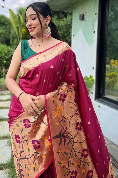 Blissful Wine Paithani Silk Saree With Arresting Blouse Piece