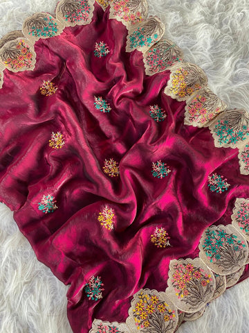 Majesty Maroon Embroidery Work Fendy Silk Saree With Adorning Blouse Piece