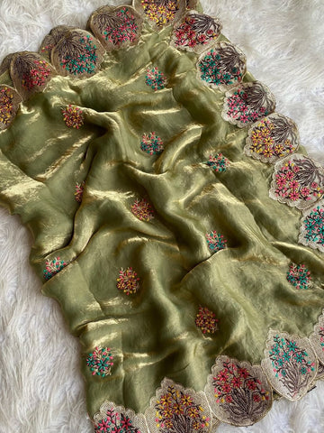 Comely Mehndi Embroidery Work Fendy Silk Saree With Effervescent Blouse Piece