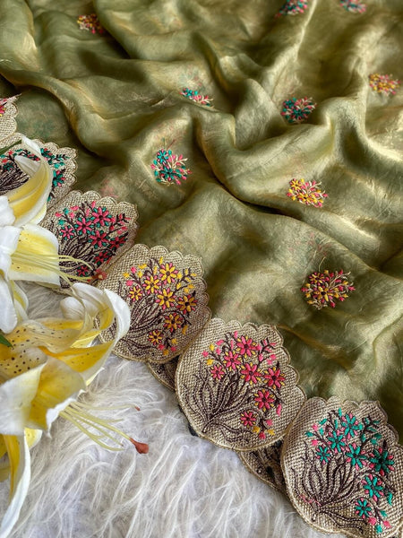 Comely Mehndi Embroidery Work Fendy Silk Saree With Effervescent Blouse Piece