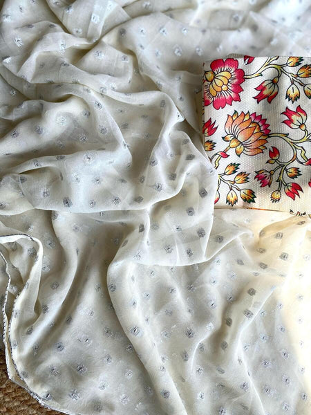 Fairytale Off White Embroidery Work Georgette Saree With Cynosure Blouse Piece