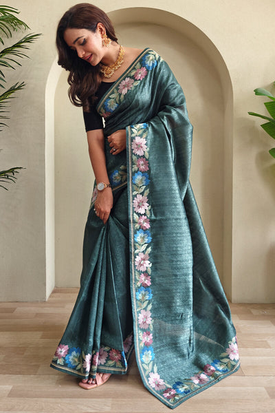 Breathtaking Rama Embroidery Work Tussar Silk Saree With Palimpsest Blouse Piece