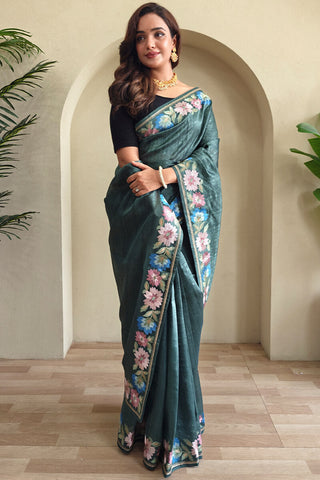 Breathtaking Rama Embroidery Work Tussar Silk Saree With Palimpsest Blouse Piece
