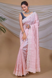 Stunning Baby Pink Embroidery Work Soft Silk Saree With Extraordinary Blouse Piece